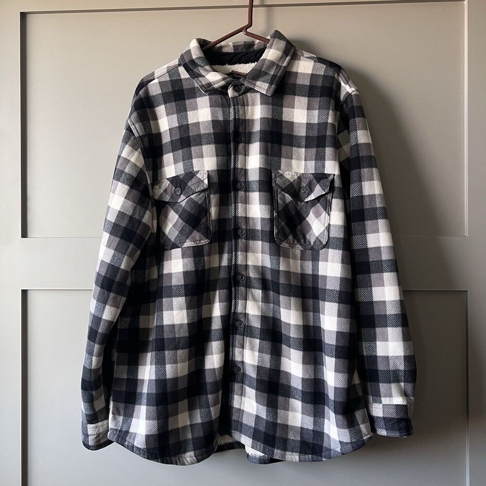Freedom Foundry Shirt Jacket Men XXL Blue‎ Plaid Sherpa Lined Button Up Fleece